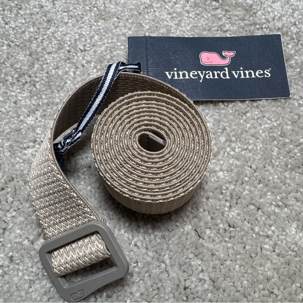 NWT Vineyard Vines Men LARGE Belt D-Ring Stretch Taupe Tan Beige Golf Preppy